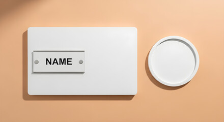 White name tag plate with circular tray on peach nameplate identification