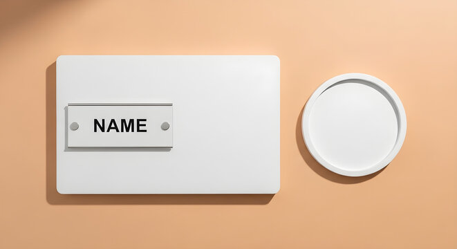 White name tag plate with circular tray on peach nameplate identification - Powered by Adobe
