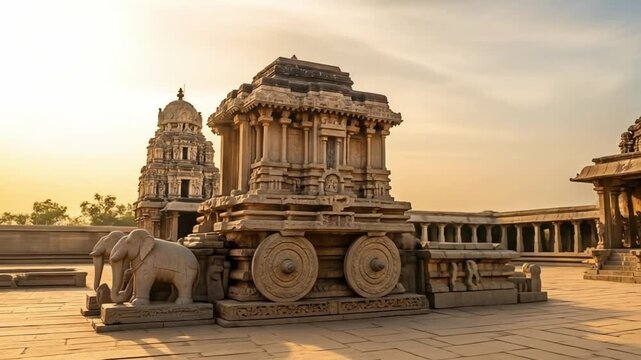 The stone chariot with ancient medieval architecture at the Vijaya Vittala temple at Hampi Karnataka, India at sunset