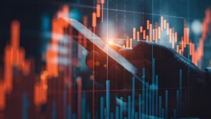 A hand holds a smartphone overlaid with a financial stock chart of rising  falling data bars - Powered by Adobe