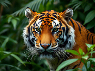 Fototapeta premium Majestic tiger with striking orange and black stripes gazes intently from lush green jungle foliage, a powerful wild predator.