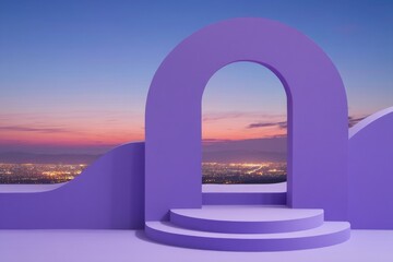 Minimal abstract purple arch doorway with city view at sunset background