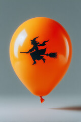 An orange balloon with a simple black flat icon of a silhouette of Halloween witch riding a broom printed on it, isolated on a white background