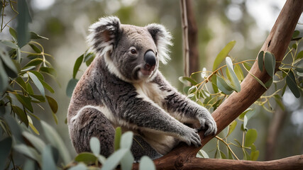 Fototapeta premium Koala climbing eucalyptus tree australian forest background wildlife photography natural habitat close-up view