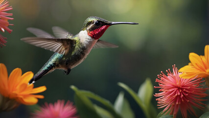 Fototapeta premium Hummingbird feeding on flowers garden background nature photography bright colors close-up view wildlife concept