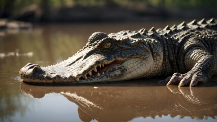 Fototapeta premium Crocodile lying in still water nature reserve wildlife photography natural background close-up view