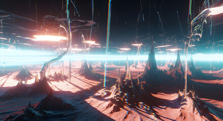 Vaporwave landscape with grid, mountains, and vibrant colors.