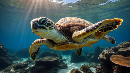 Fototapeta premium Turtle swimming in coral reef underwater background wildlife photography tranquil environment close-up view