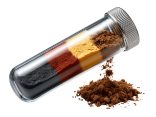 Harmonious Hues: A transparent tube containing various colorful powder samples representing elements or pigments, arranged in segments.