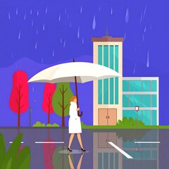 Woman with umbrella walks city street in rain