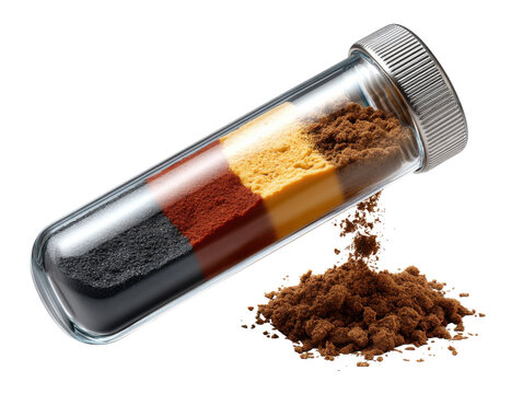 Harmonious Hues: A transparent tube containing various colorful powder samples representing elements or pigments, arranged in segments.