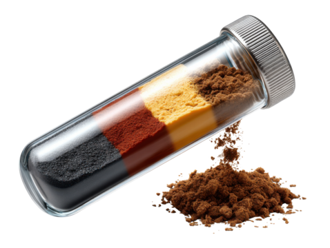 Harmonious Hues: A transparent tube containing various colorful powder samples representing elements or pigments, arranged in segments.