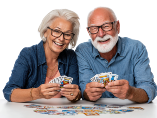 Joyful Card Game: A charming elderly couple finds shared joy in a card game, their eyes sparkling with delight and the game bringing them closer together in a moment of shared happiness.