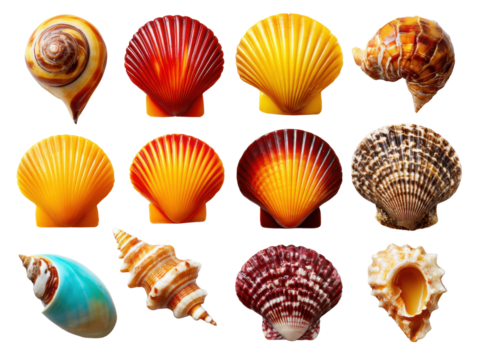 A Symphony of Shells: A collection of twelve vibrant seashells. Capturing a kaleidoscope of shapes, colors, and textures, it evokes the serene beauty and wonder of the marine world. 