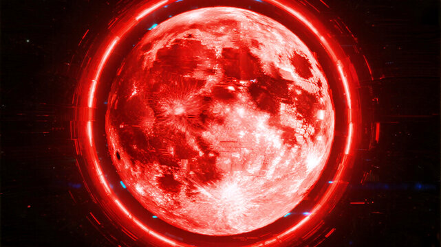 Red Moon Stunning crimson planet orbits within a futuristic neon energy field, evoking cosmic mystery and technological wonder in deep space exploration visuals.