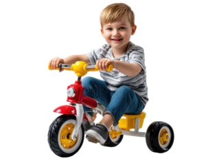 Joyful Toddler on Tricycle: A bright-eyed toddler smiles brightly as he joyfully rides a colorful tricycle, embodying the simple pleasures of childhood.