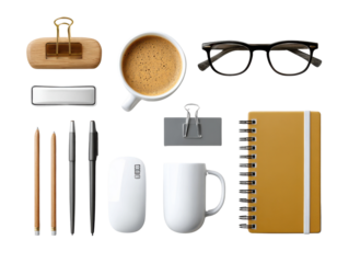Office Essentials Collection: a curated collection of essential office supplies and items for daily productivity, including coffee, notebooks, pens, glasses, and a computer mouse.