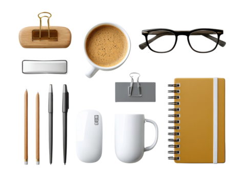 Office Essentials Collection: a curated collection of essential office supplies and items for daily productivity, including coffee, notebooks, pens, glasses, and a computer mouse.