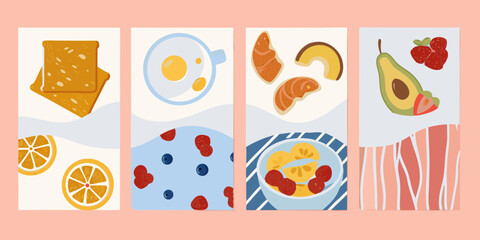 A collection of four vertical panels featuring delicious breakfast foods and fruits in a flat design style