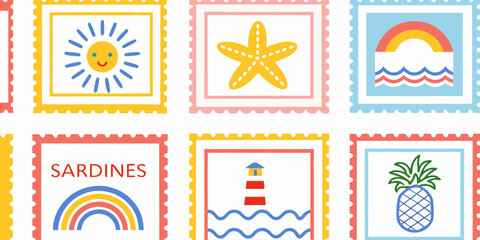 Collection of charming colorful postage stamps featuring summer vacation themes like sun starfish rainbow lighthouse and pineapple