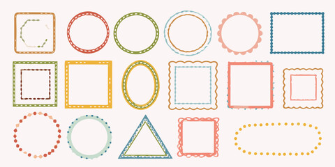 Collection of hand drawn decorative borders and frames in various shapes and colors