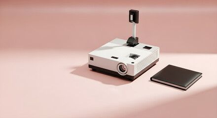 White overhead projector with a dark notebook on a pink with light and shadow