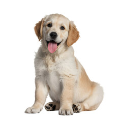 Adorable golden retriever puppy sitting patiently with tongue out, perfect for heartwarming projects, pet care campaigns, and family-friendly advertising with a touch of playful innocence