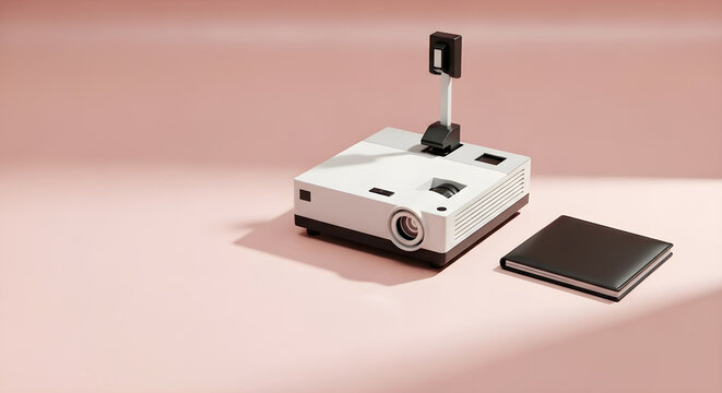 White overhead projector with a dark notebook on a pink  with light and shadow