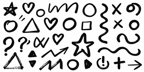 Collection of hand drawn black doodle shapes and symbols on a white background
