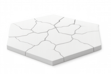 Cracked white hexagonal surface highlighting fragility, structural weakness, breaking patterns against transparent backdrop