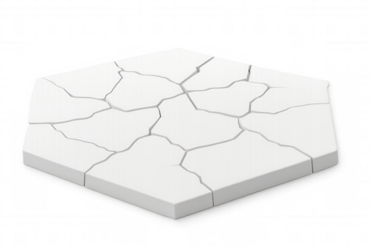 Cracked white hexagonal surface highlighting fragility, structural weakness, breaking patterns against transparent backdrop