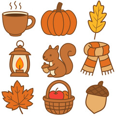 Autumn icon set featuring pumpkin, coffee cup, leaf, lantern, squirrel, scarf, maple leaf, fruit basket, and acorn. Cute vector illustration for seasonal design and decoration.