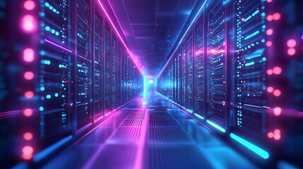 A server room illuminated with neon lights showing rows of data storage and processing equipment racks