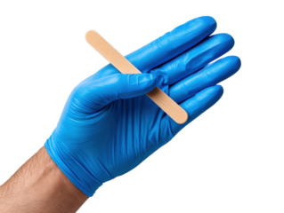 Examining Hand with Tongue Depressor: A hand, encased in a protective blue glove, delicately holds a wooden tongue depressor, symbolizing healthcare and medical examination.