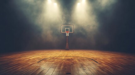 A basketball hoop stands on a wooden court illuminated by spotlights in a smoky atmosphere scene