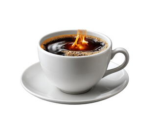 Invigorating Coffee: A pristine white coffee cup, filled with rich, dark brew, captures the essence of a warm and awakening moment. with a hint of a fiery spark of pure caffeine energy.