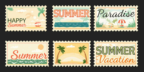 Collection of vintage style summer vacation postage stamps featuring tropical beach scenes