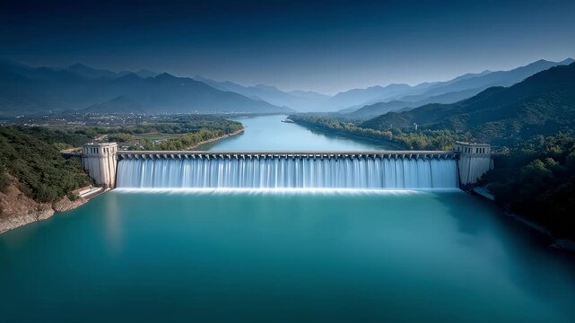 Majestic Dam, Green Water, and Mountains in Harmonious Coexistence