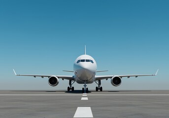 Fototapeta premium Commercial Airplane on Runway Ready for Takeoff on a Clear Blue Sky Day Perfect for Travel and Aviation Enthusiasts