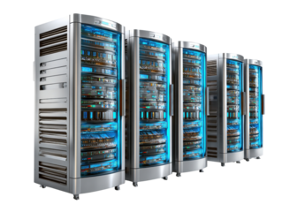 Server Rack Array in Data Center: A line of server racks in a state-of-the-art data center. The advanced technology hardware glows with data processing and storage.
