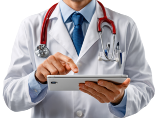 Medical Professional with Tablet: A healthcare expert meticulously examines data on a tablet, ready to assist and provide excellent patient care
