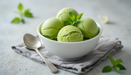 Matcha Ice Cream Scoops in White Bowl with Mint Leaves &ndash; Japanese Dessert