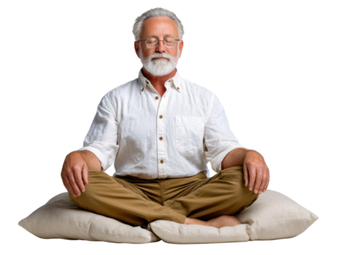 Serene Meditation: A peaceful elder engages in a meditative practice, exhibiting calm and poise amidst the backdrop of a tranquil atmosphere.