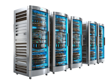 Server Rack Array in Data Center: A line of server racks in a state-of-the-art data center. The advanced technology hardware glows with data processing and storage.
