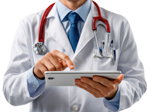 Medical Professional with Tablet: A healthcare expert meticulously examines data on a tablet, ready to assist and provide excellent patient care