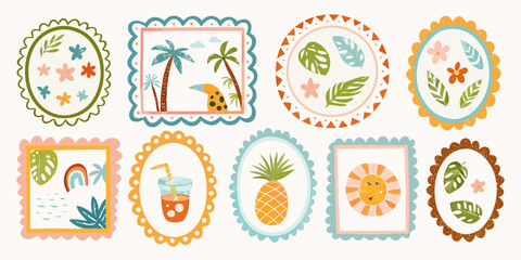 Collection of cute tropical themed decorative frames with illustrations of palm trees toucan pineapple sun and flowers