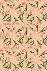 Fototapeta premium Tulips pattern on tulips line drawing, cream background.