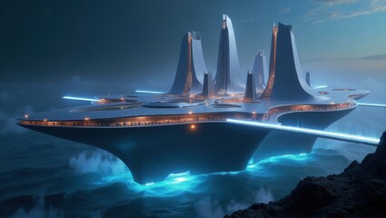 Sleek bio-engineered city with iridescent metallic surfaces and angular skyscrapers suspended high above