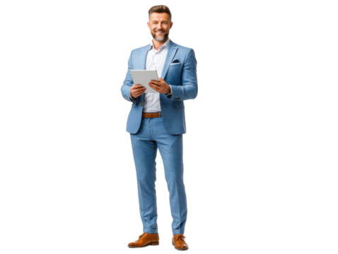 Modern Professional with Digital Tablet: A confident, handsome professional in a stylish suit utilizes a digital tablet, embodying contemporary business acumen and tech-savviness.