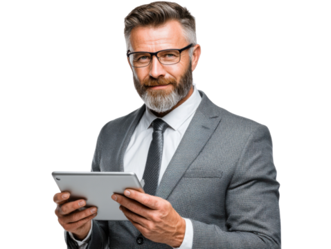 Professional holding tablet: a composed businessperson, radiating experience and expertise, holds a tablet device, presenting an image of modern leadership and strategic thinking.